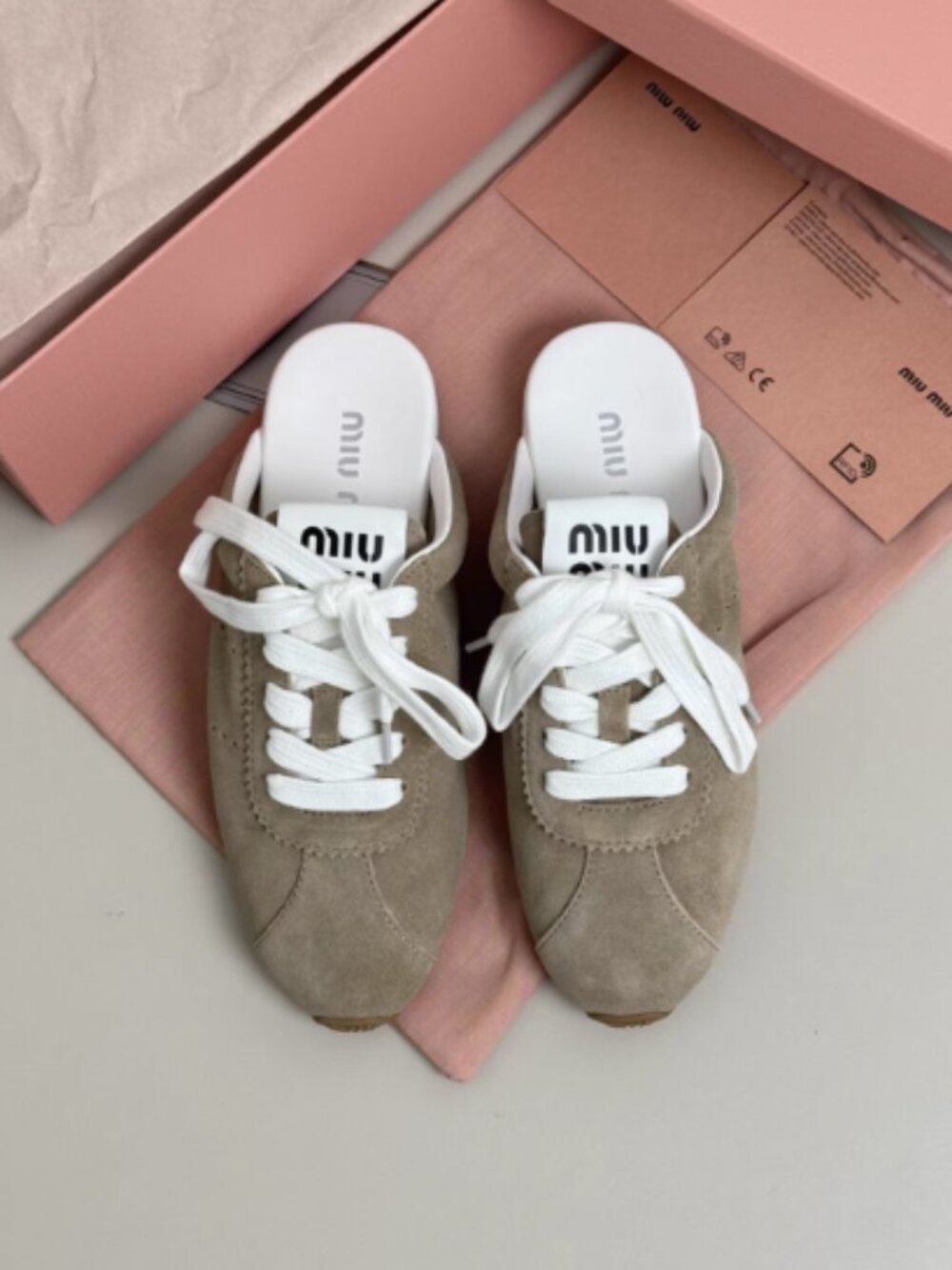 Miu Miu Beige Suede Lace-Up Backless Sneaker Mules